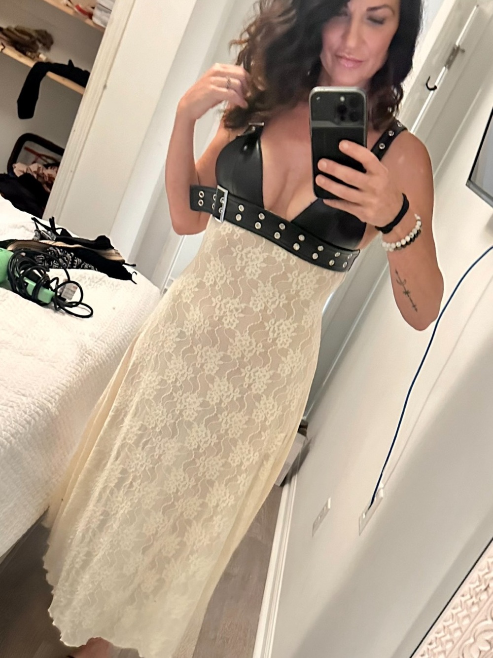 WeWoreWhat Black Faux Leather Bodice Ivory Lace Maxi Dress